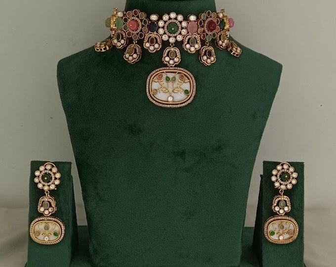 Kundan Choker Necklace Earring Set, Gold Finish Indian Bridal Jewelry