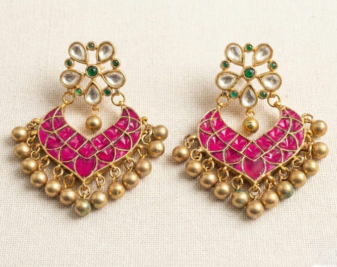 Kundan Chandbali Earrings, Gold Plated Indian Jewelry