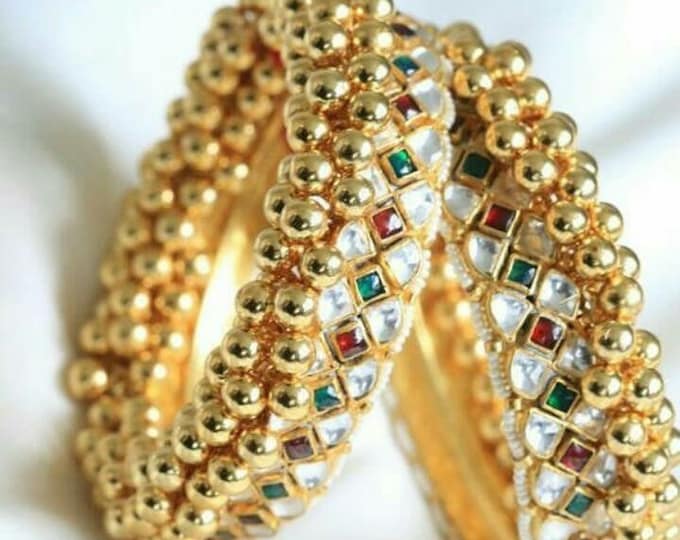 22k Gold Plated Kundan Bangles, Handmade Indian Bridal Jewelry
