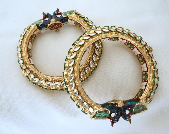 Kundan Peacock Bangles: Gold Plated, Enamel Indian Wedding Bracelets