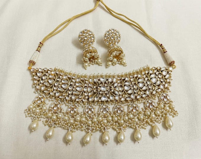 Handmade Kundan Choker Necklace Set, Gold Plated Indian Bridal Jewelry