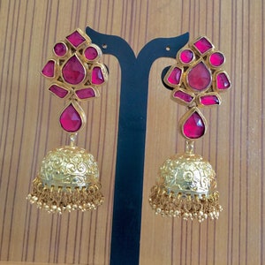 Kundan Jhumka Ohrringe | Rosa Ohrring | Statement Ohrringe | Gold Ton baumeln Ohrringe | Kundan Schmuck | Südindischer Schmuck | Indisches Geschenk