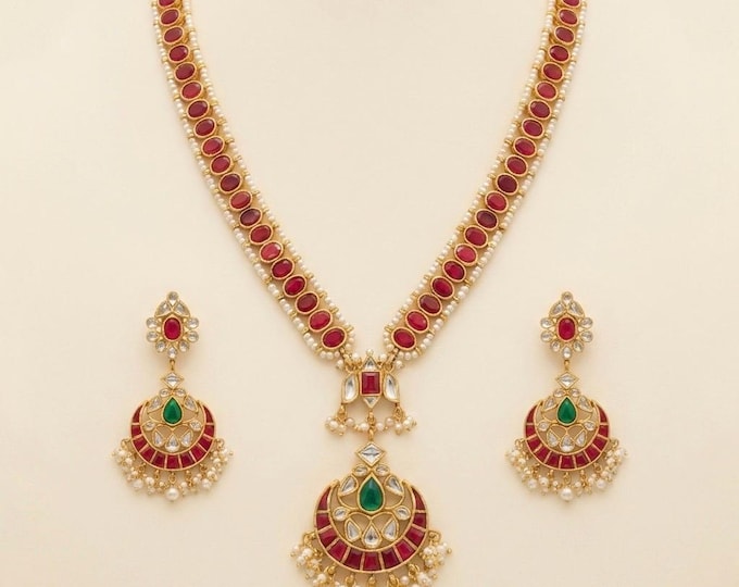 Handmade Kundan Bridal Jewelry Set, 22K Gold Plated Choker & Chandbali Earrings