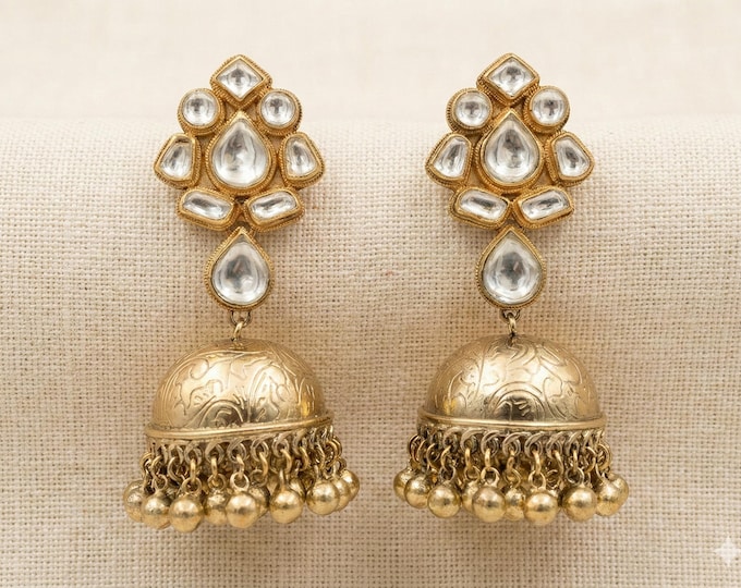 Handmade Kundan Jhumka Earrings | Gold Plated Indian Jewelry