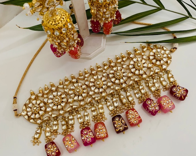 Handmade Kundan Choker Necklace Set | 22K Gold Plated Bridal Jewelry