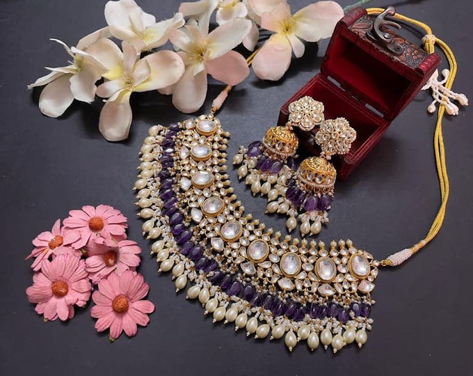 Handmade Kundan Choker Necklace with Amethyst, Indian Bridal Jewelry