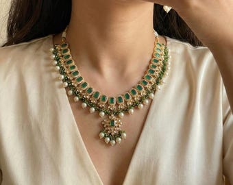 Kundan Jewelry Set, Green Polki Choker Necklace, Gold Finish Earrings with Pearls