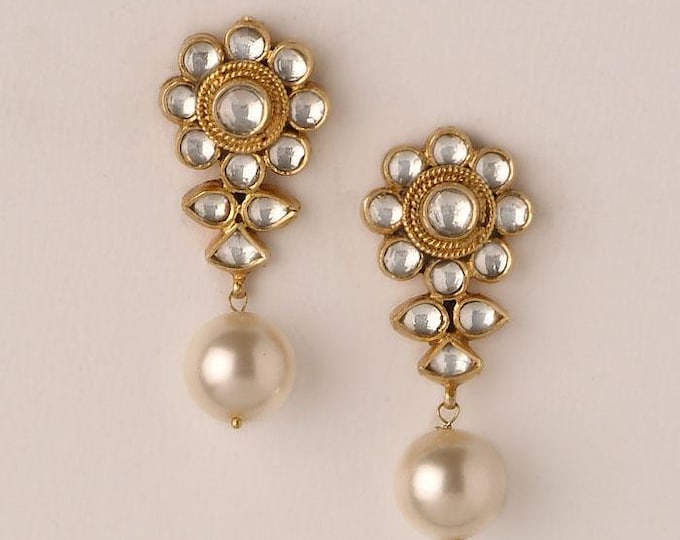 Kundan Pearl Drop Earrings, Gold Plated Indian Jewelry
