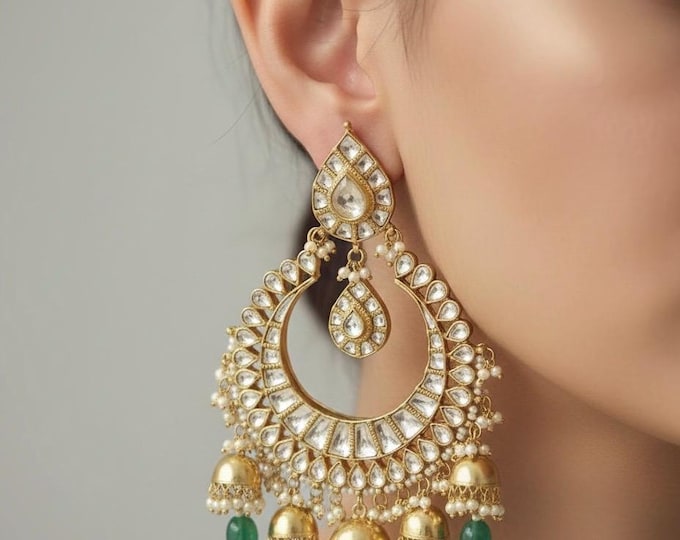 Kundan Chandbali Earrings, Indian Bridal Jewelry, Gold Finish, Emerald Green