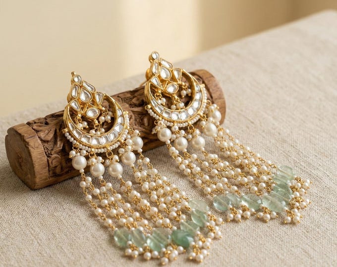 Kundan Chandbali Earrings, Pearl Hangings, Gold Plated Indian Jewelry