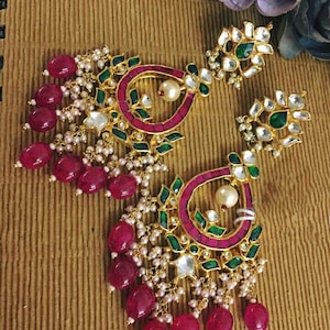 Chandbali Earrings, Kundan Jewelry, Ruby Pink South Indian Earrings, Gold Plated Kundan Earrings, Indian Ethnic Earring, Diwali Sale 2025