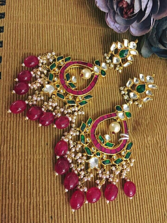 Kundan Earrings Chandbali Earrings Wedding kundan Sabyasachi Jewelry Pink earrings Oxidized Indian Earrings 925 Sterling Silver