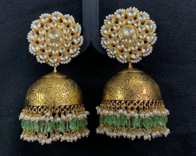 Kundan Jumkhi Earrings, Antique Gold, Indian Wedding Jewelry