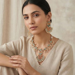 Kundan Jewelry Set | Indian Turquoise Necklace | Handmade Chandbali Earrings image 2