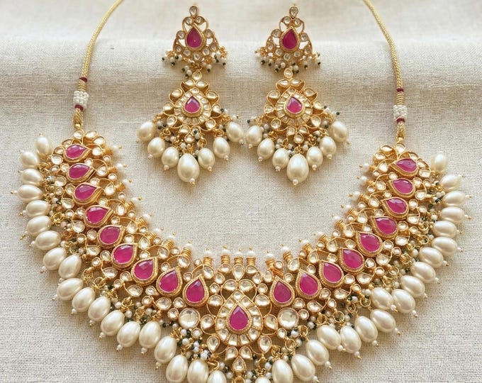Handmade Kundan Choker Necklace Earrings Set, 22K Gold Plated Indian Bridal Jewelry