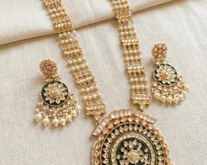 Kundan Ranihaar Necklace Set, Gold Plated Indian Wedding Jewelry
