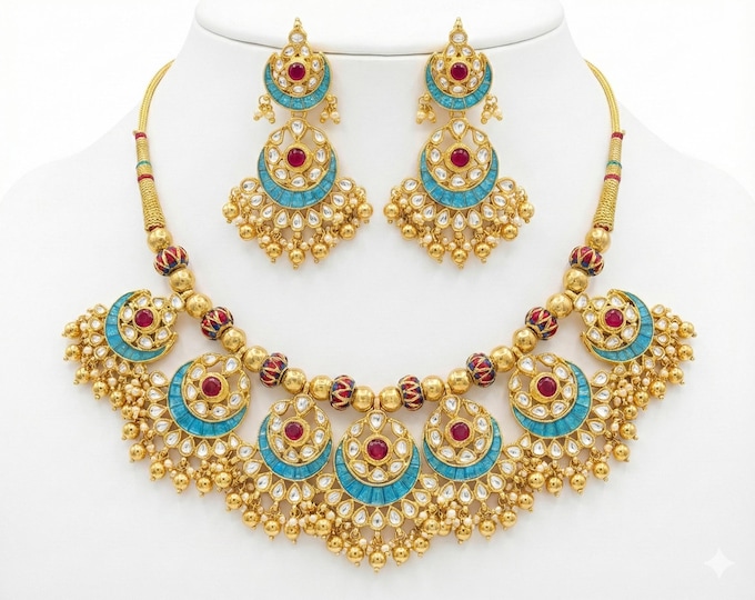 Handmade Kundan Bridal Jewelry Set, Gold Plated Turquoise Necklace