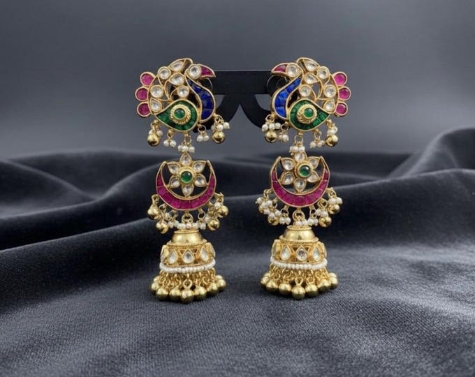 Kundan Jumkhi Earrings, Antique Gold Finish, Indian Bridal Jewelry
