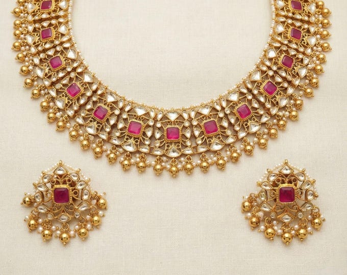 Handmade Kundan Choker Necklace Set, Pink Indian Wedding Jewelry