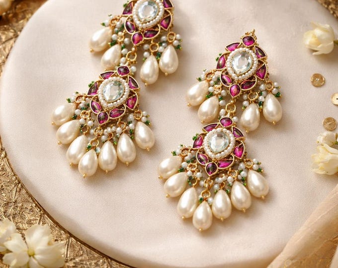 Handmade Kundan Earrings | Pink Stone, Pearl Drops, Gold Finish