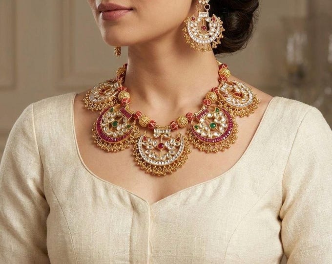Handmade Kundan Choker Necklace Earring Set, 22k Gold Plated Indian Jewelry