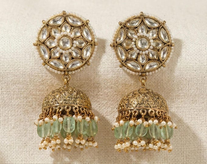 Kundan Earrings, Antique Gold Finish Jumkhi, Indian handmade Jewelry