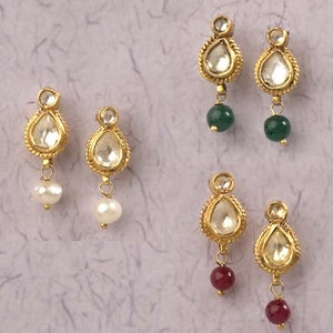 Kundan Ohrringe Bolzen indischen Schmuck Bollywood Modedesigner Schmuck vergoldet ethnischen Erbe Schmuck Ohrringe Set von 3 Geschenk für sie