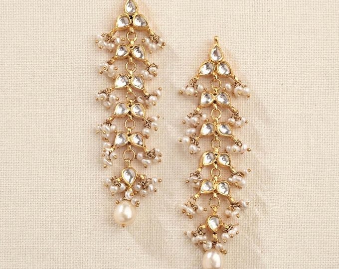 Kundan Pearl Drop Earrings, Indian Bridal Jewelry, Gold Finish