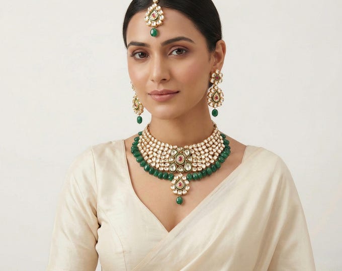 Kundan Choker Necklace Set | Green Beads, Rhodolite Stone, Indian Bridal Jewelry