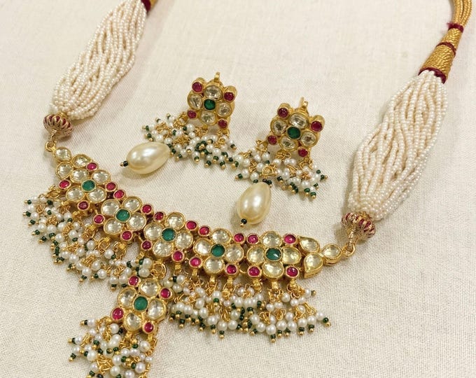 Handmade Kundan Choker Necklace Set, 22K Gold Plated Indian Bridal Jewelry