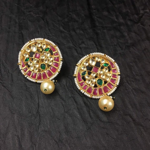 Real Kundan Earrings Stud Designer Pink Color Handmade Kundan Etsy etsy
