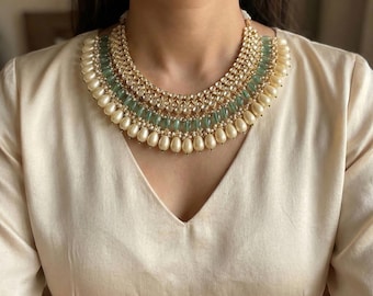 Kundan Choker Jewelry Set, Green and Gold Indian Bridal Necklace