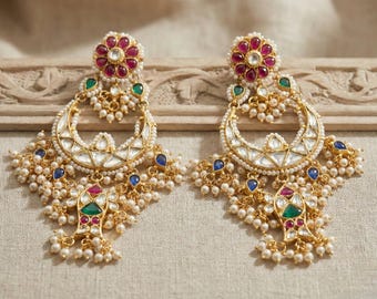 Handgemaakte Kundan Chandbali-oorbellen, Indiase bruidssieraden