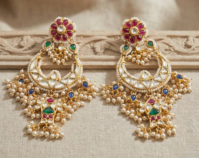 Handmade Kundan Chandbali Earrings, Indian Bridal Jewelry
