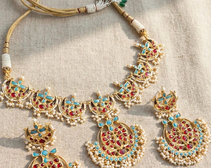 Handmade Kundan Jewelry Set | Turquoise, Ruby, and Pearl Indian Necklace