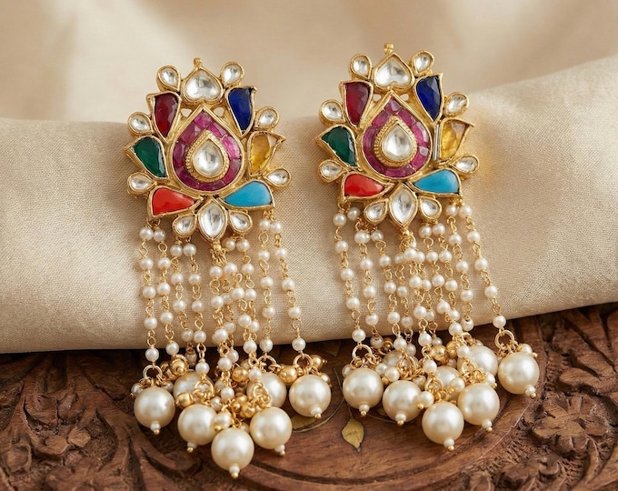 Handmade Gold Plated Kundan Earrings | Navratna Pearl Drop Chand Bali