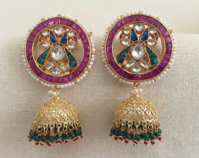 Handmade Kundan Jumkhi Earrings, Indian Peacock Jewelry