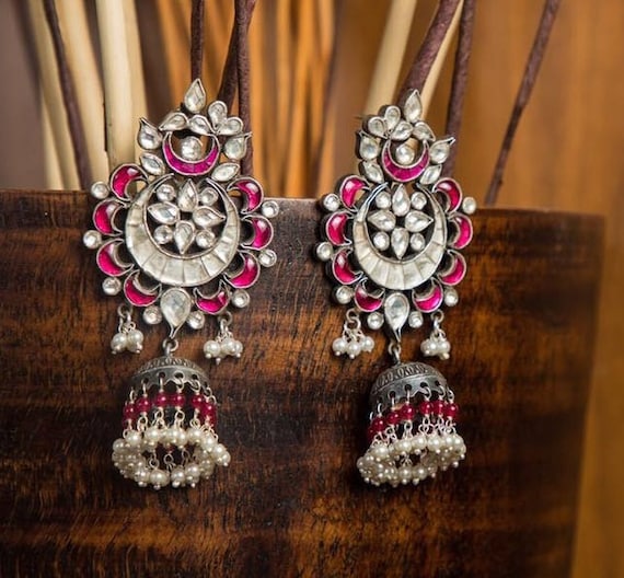 Silver Earrings Kundan Chandbali Kundan Earrings Kundan Jewelry
