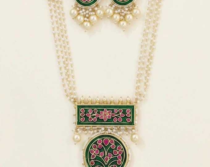 Green Enamel Kundan Necklace Set, Rajwadi Pearl Pendant with minakari work earrings, Indian Jewelry