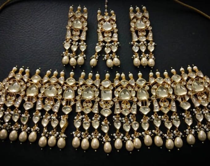 Handmade Kundan Choker Set, White Pearl Bridal Jewelry