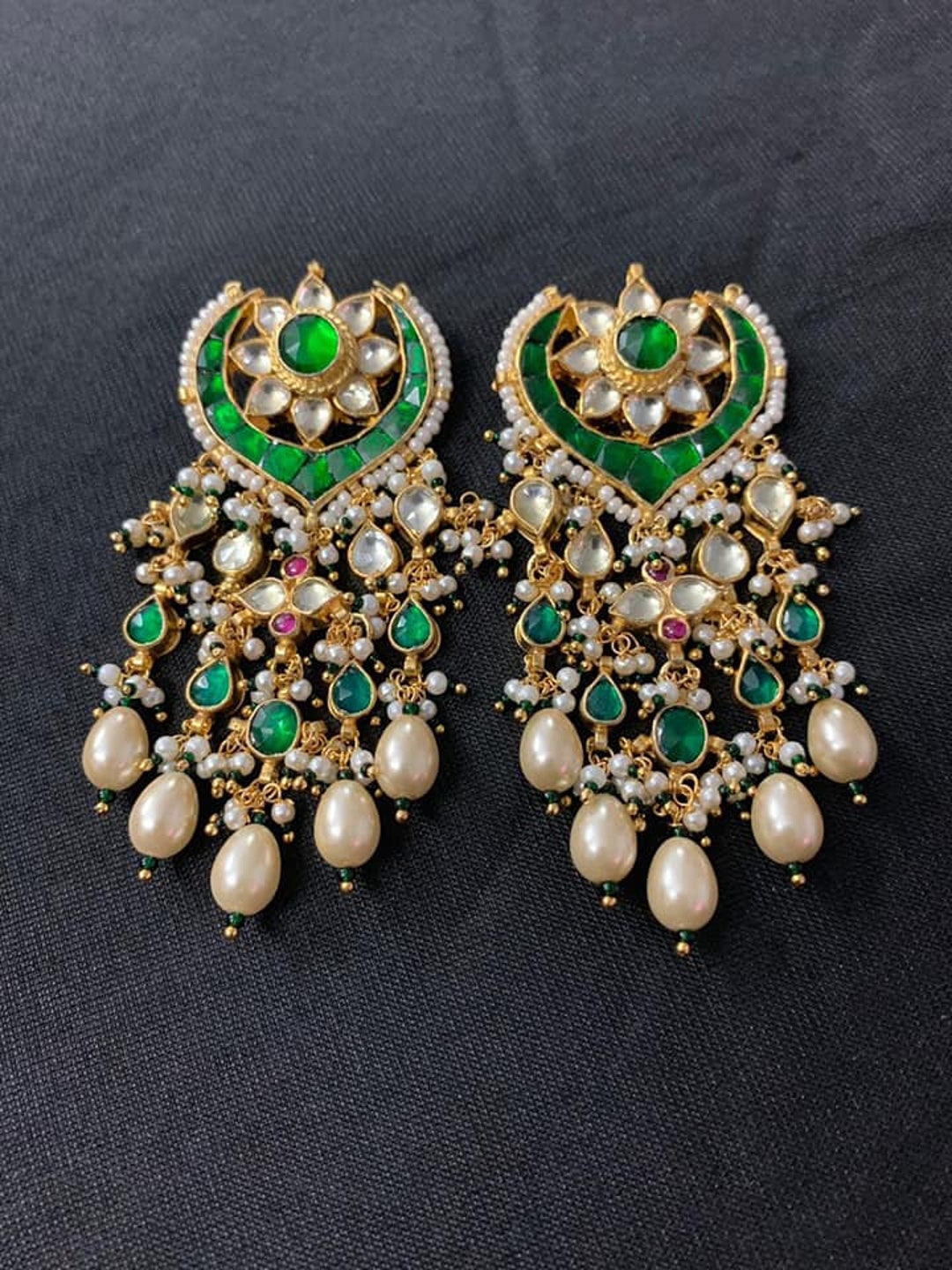 Kundan Earrings Bridal Earrings Designer Chandbali Green Chandbali ...