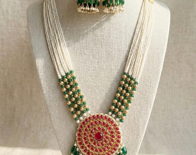 Kundan Necklace & Jhumka Earrings Set, 22K Gold Plated, South Indian Jewelry