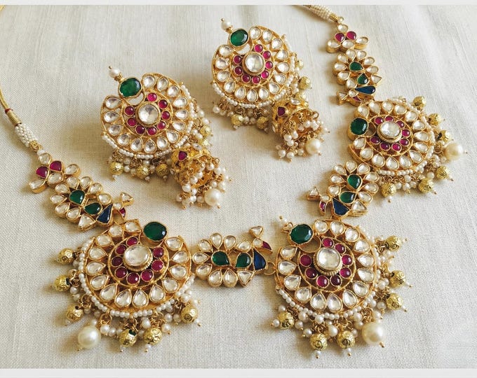 Gold Plated Kundan Jewelry Necklace, Indian Wedding Choker Earrings Set