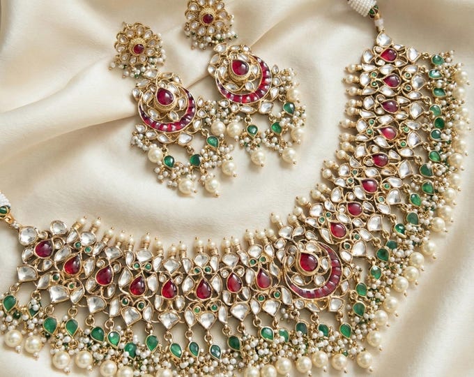 Handmade Kundan Choker Necklace Earrings Set, 22k Gold Plated
