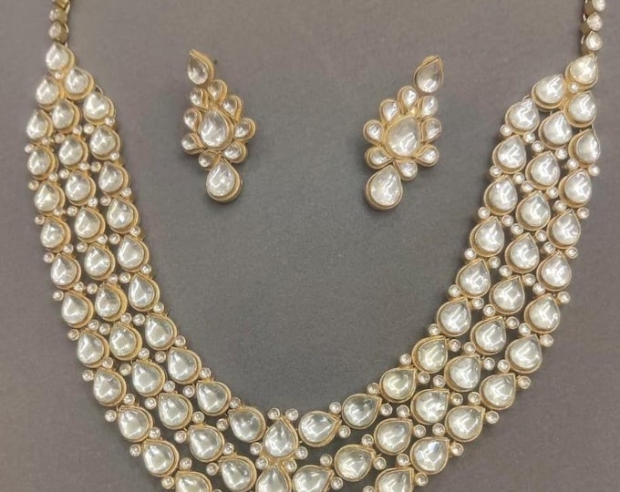 Handmade Kundan Bridal Necklace Set, 22K Gold Plated Indian Jewelry