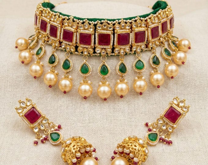 Handmade Kundan Choker Necklace Set, Indian Bridal Jewelry
