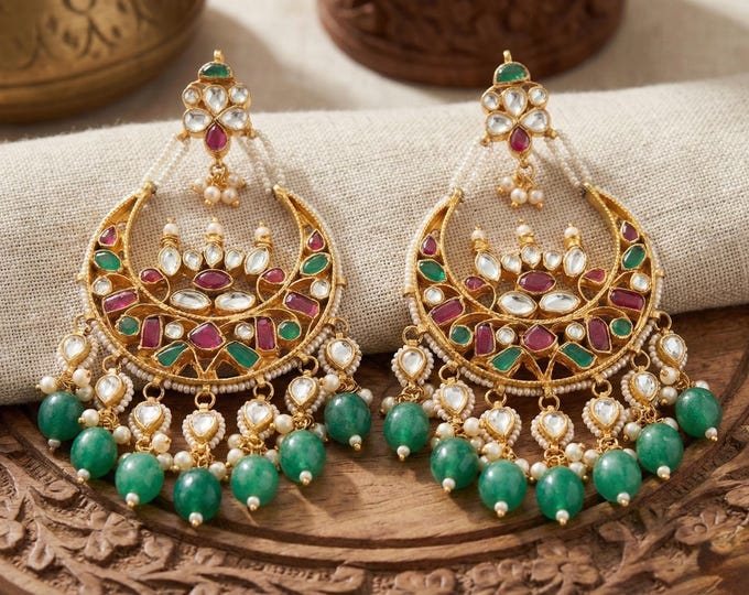 Kundan Chandbali Earrings, Green Gemstone, Indian Jewelry