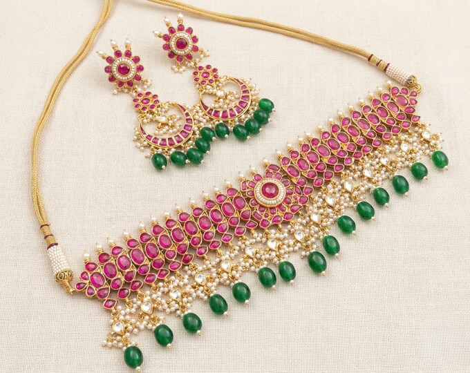 Handmade Kundan Choker Necklace Earrings Set, Indian Bridal Jewelry