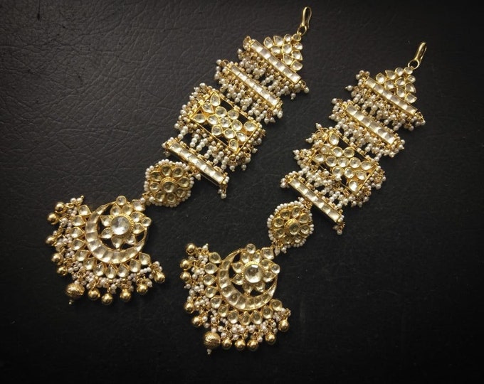 Handmade Kundan Earrings, Indian Bridal Jewelry, Gold Plated, Pearl Hangings
