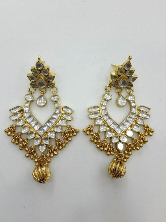 Antique Gold Chandbali for Women Kundan Jewelry Statement Earrings with Pearls Traditional Look Ethnic Wear Earrings